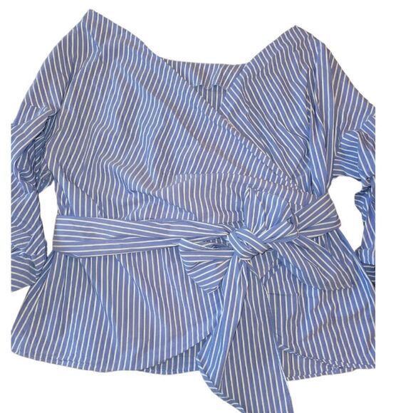 ZARA Woman True Wrap Blue White Stripe Wrap Boat Neck 3/4 Sleeve Top M - Picture 7 of 13